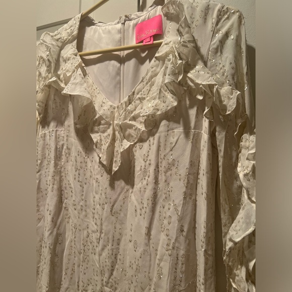 LILLY PULITZER | Belle Flounce Coconut Fish Clip Chiffon silk dress gold size 2 - Picture 5 of 9